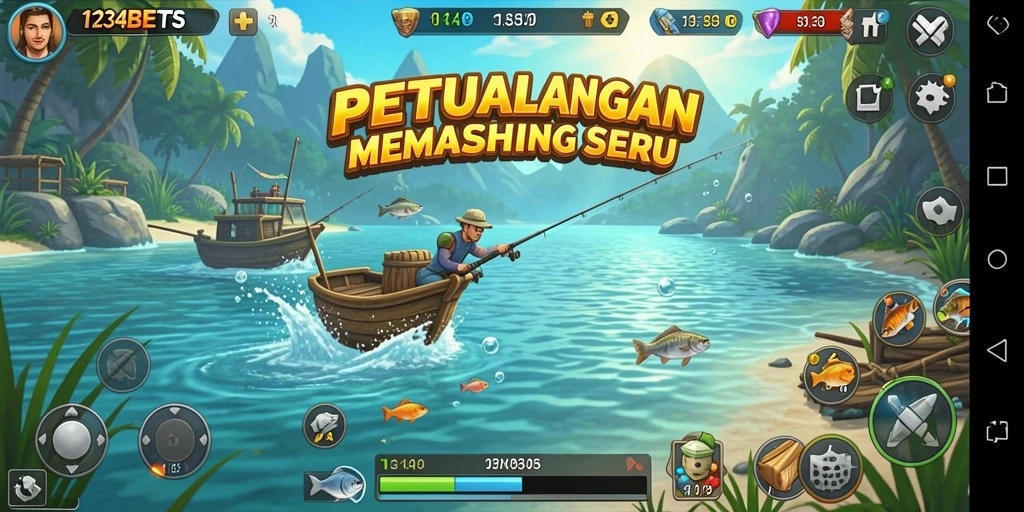Screenshot game 1234BETS menunjukkan pemain memancing di lautan yang indah.