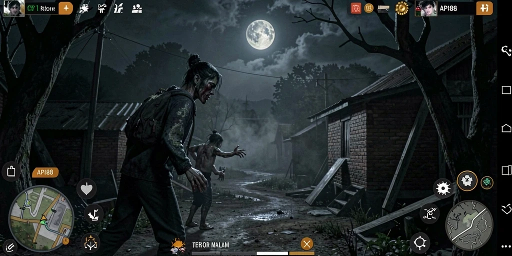 Menampilkan gameplay menegangkan di kegelapan malam.