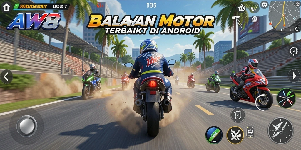 Screenshot gameplay AW8 menampilkan aksi balapan motor yang mendebarkan.