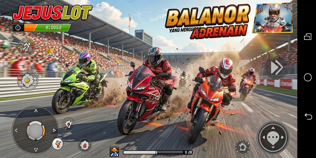 Screenshot utama JEJUSLOT menampilkan adrenalin balapan motor yang tinggi.