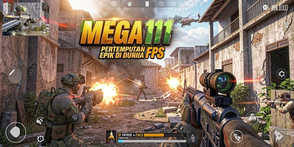 Screenshot utama MEGA111 menampilkan aksi tembak-menembak yang intens.