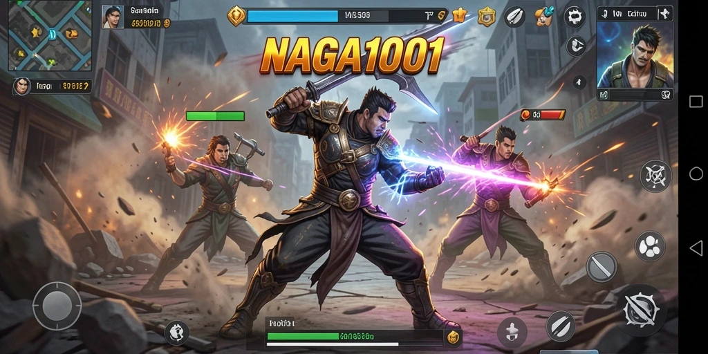 Screenshot NAGA1001 menampilkan pertempuran seru di arena aksi.