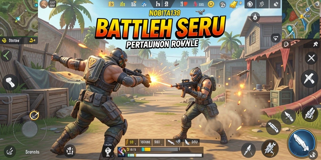 Screenshot gameplay NOBITA138 menunjukkan pertarungan seru di arena Battle Royale.