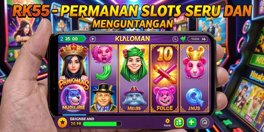 Screenshot gameplay RK55 menampilkan gulungan Slot yang penuh warna dan fitur menarik.