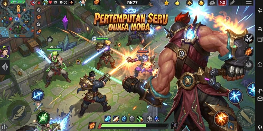 Tampilan gameplay MOBA yang menarik dalam RK77 dengan aksi penuh strategi.